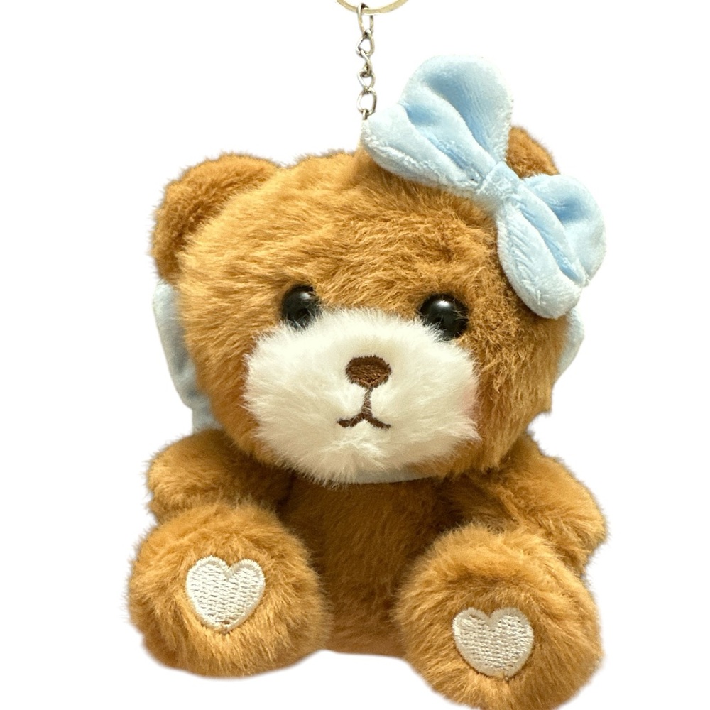 Plush Brown Teddy Bear Keychain with Blue Bow